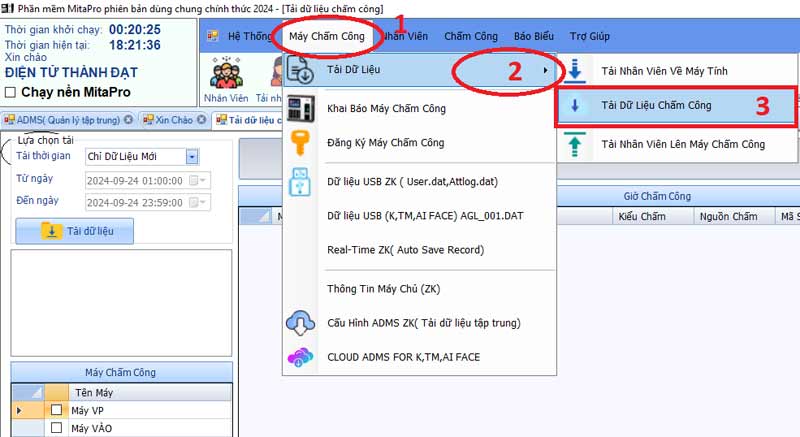 Chọn mục tải dữ liệu chấm công trên phần mềm mitapro