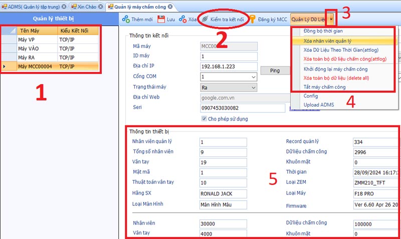 Giao diện quản lý máy chấm công - Quản lý dữ liệu