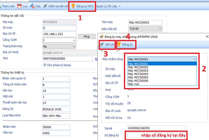 Tab đăng ký máy chấm công