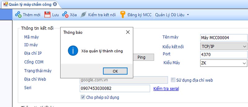 Thông báo xóa nhân viên quản lý thành công