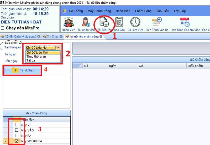 Giao diện tải dữ liệu chấm công trên phần mềm mitapro