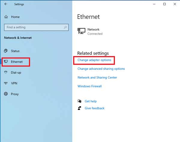 Mục Ethernet-chọn change adapter options