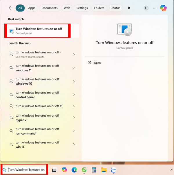 Turn Windows features on or off trên windown
