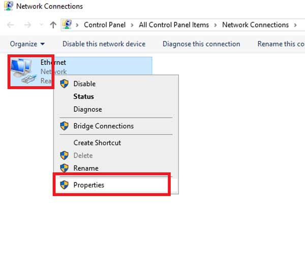 Mục Ethernet chuột phải chọn Properties