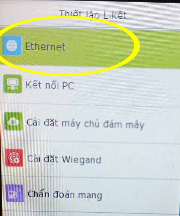 Mục Ethernet trên máy chấm công khuôn mặt 
