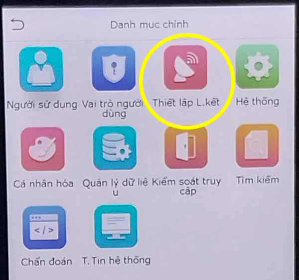 Mục thiết lập liên kêt trên máy chấm công nhận diện khuôn mặt